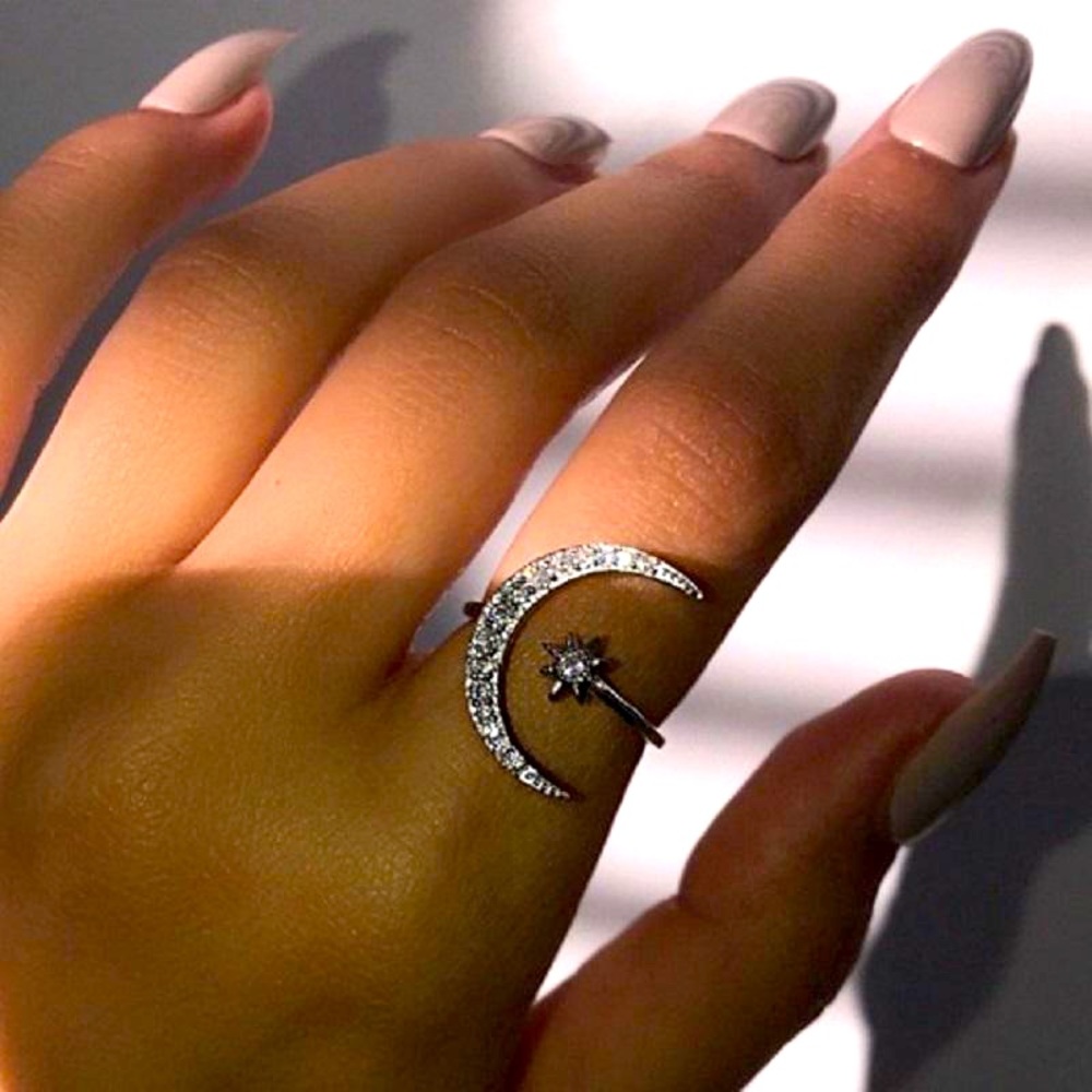 Crescent moon & star open ring
